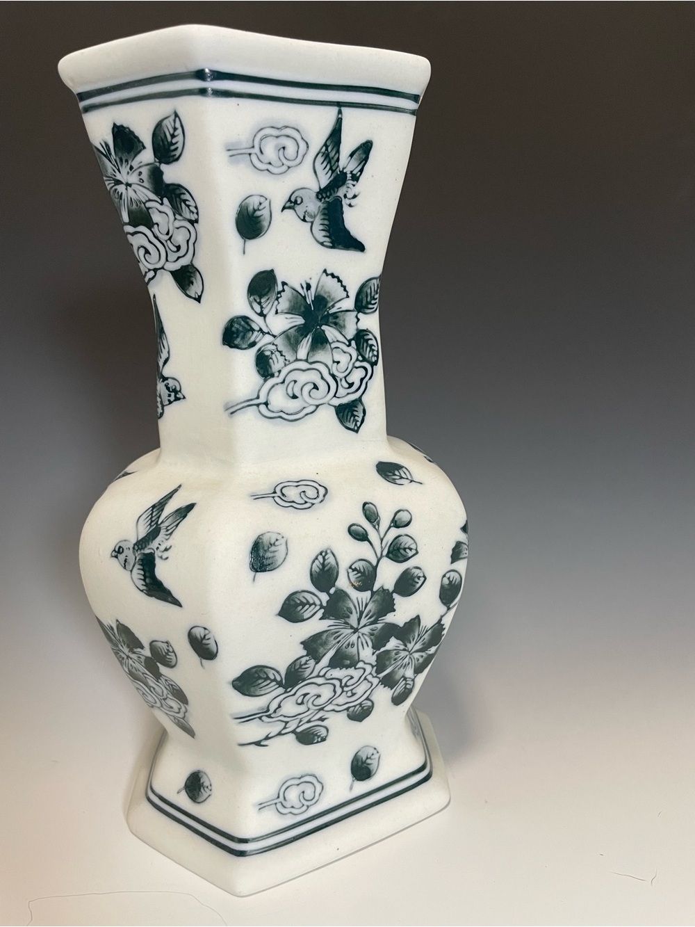 Ashley Belle Blue and White Porcelain Vase 11" Chinoiserie Bird Flower Octagonal